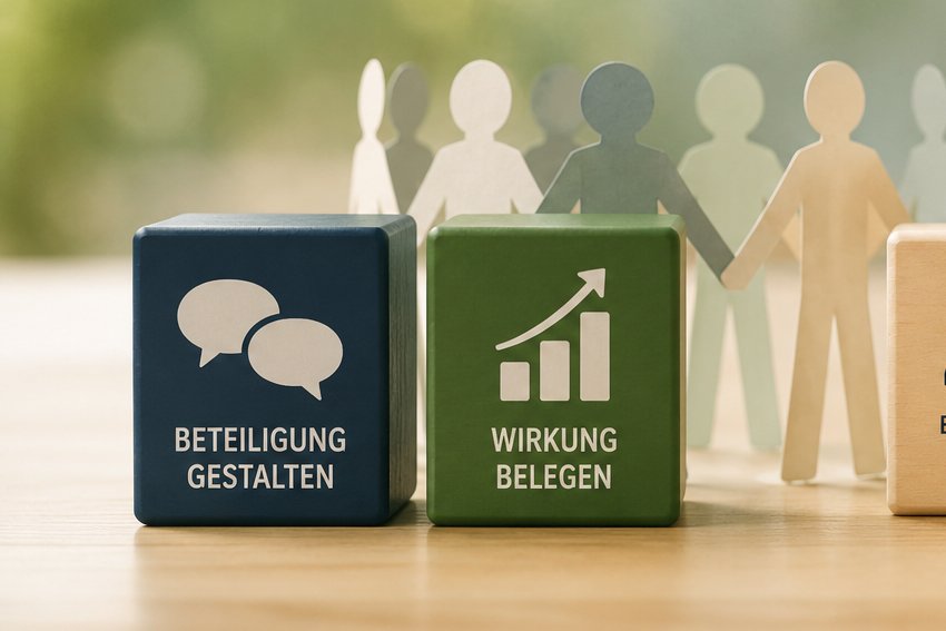 Zwei Holzwürfel mit den Aufschriften „Beteiligung gestalten“ und „Wirkung belegen“, davor eine Gruppe von Papierfiguren, die sich an den Händen halten – Sinnbild für gemeinsames Handeln und sichtbare Wirkung.